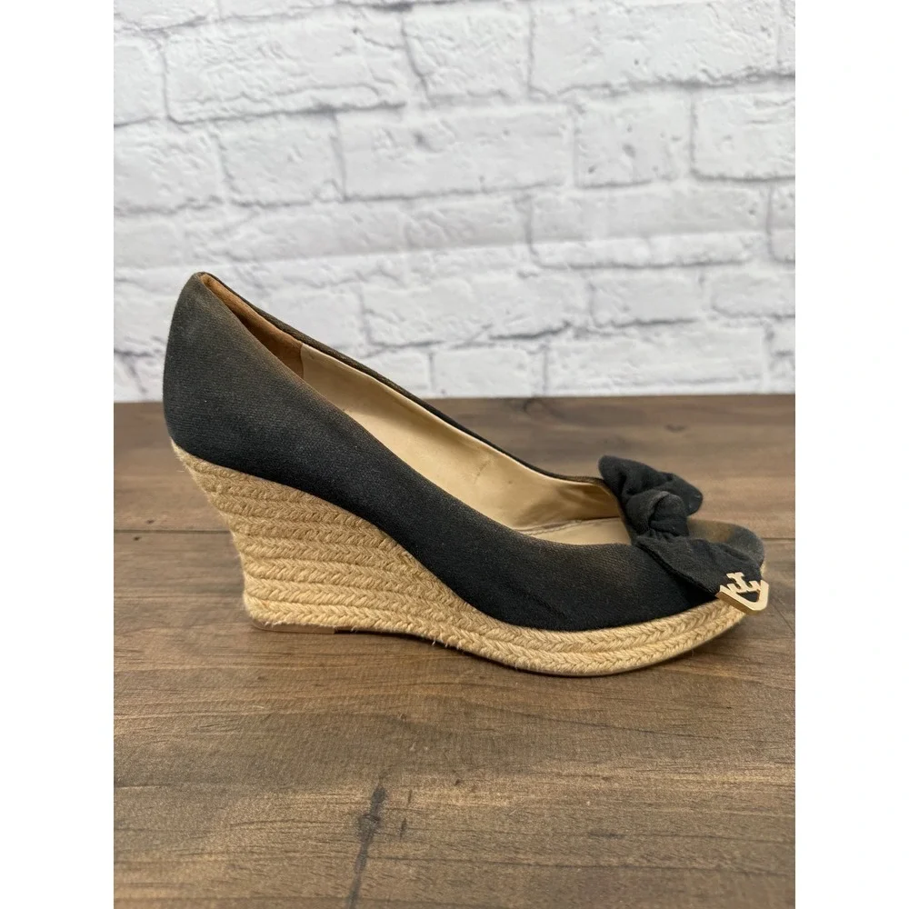 Tory Burch Black Canvas Bow Peep Toe Espadrille Wedge Sandals Womens 9.5